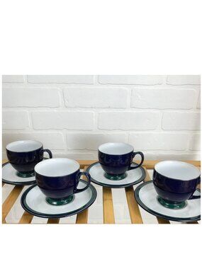Denby Langley Regatta Cup & saucer Set of 4 Green/Blue **Discontinued pattern**